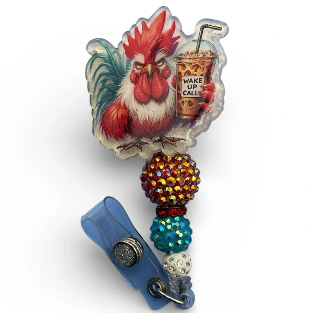 Red Rooster Pet Bird Badge Reel - Decorative ID Holder